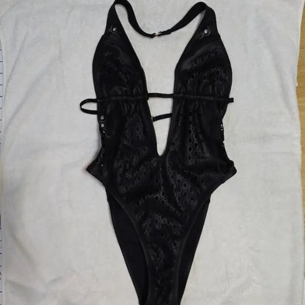 GIGI C Camilla Faux Leather One Piece. Black. Sz S. NWT. RP $280. SEXY! - Picture 9 of 10